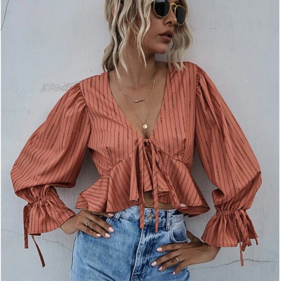 SHEIN Tie Front Ruffle Hem Striped Top - Picture 1 of 5